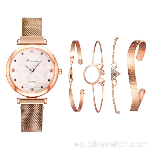 5 piezas de reloj de moda para mujer, conjunto de regalo, pulsera fina de oro rosa, conjuntos de relojes de cuarzo para niñas, reloj de pulsera informal de malla de acero inoxidable